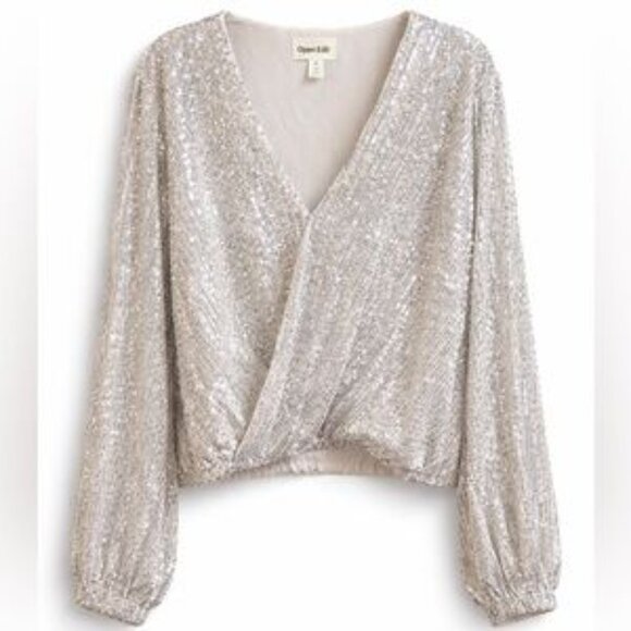 Open Edit Sequin V-Neck Top Champagne Beige-Silver Sequins XS - Picture 2 of 5